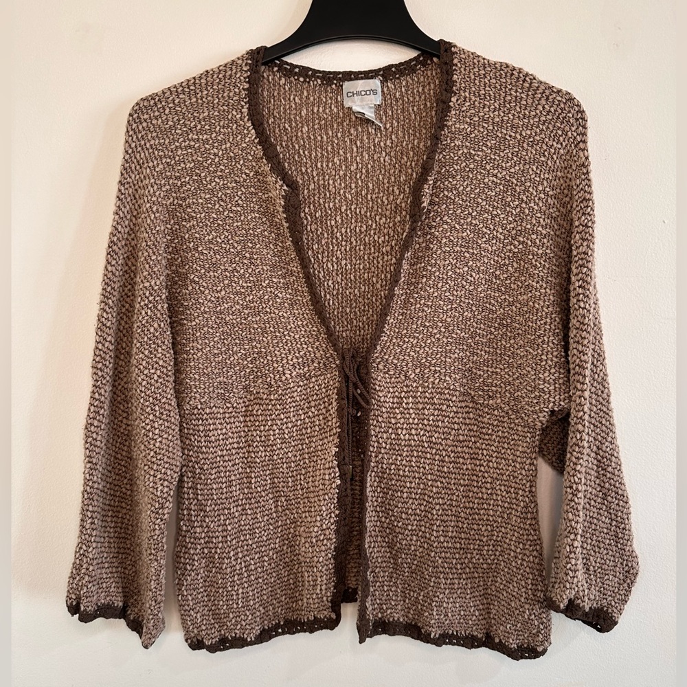 Chico's Two Tone Brown Cardigan Tie Front Bohemian Casual Long Sleeve Cozy